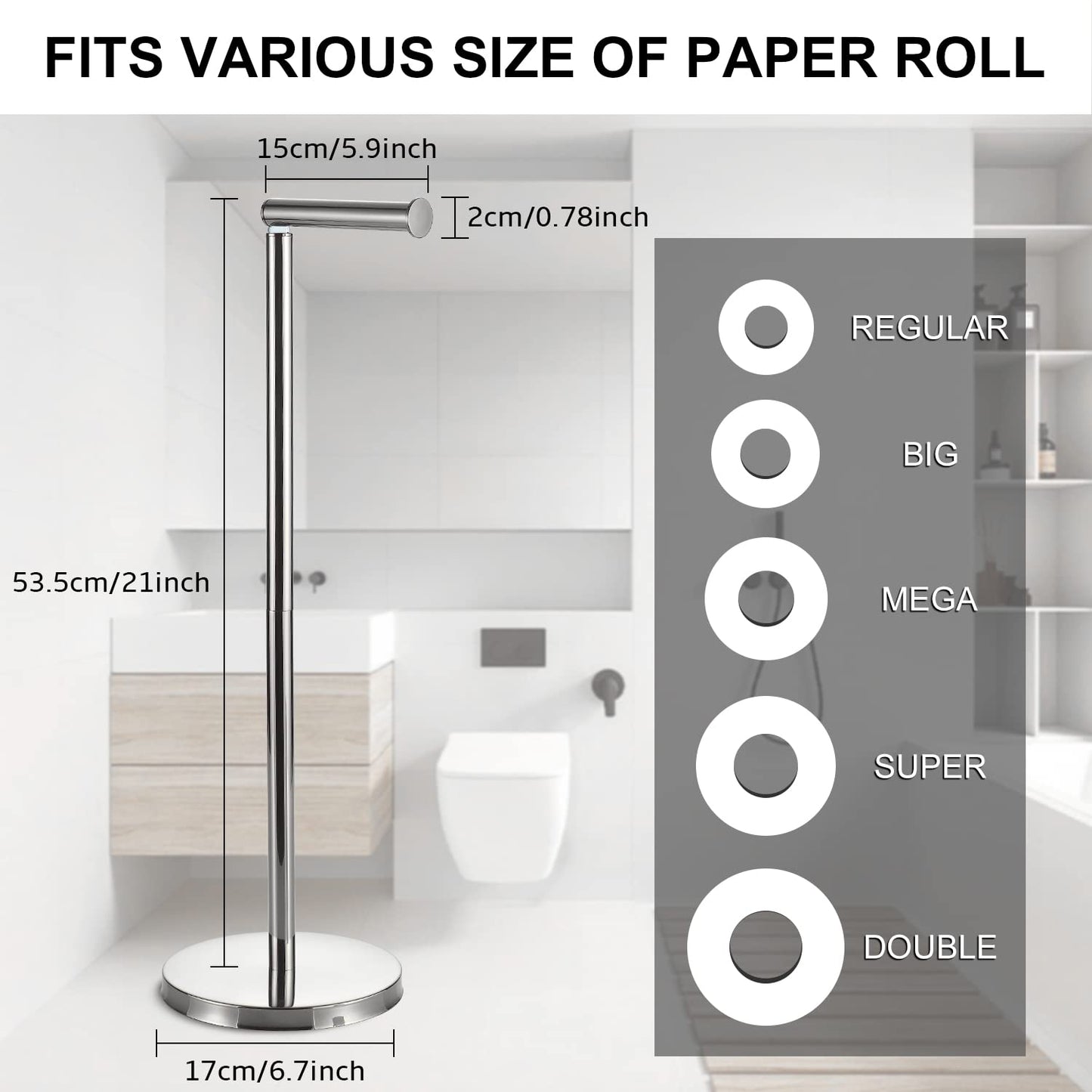 BGL Toilet Paper Holder Standing On Floor, Brushed Nickel, Tissue Holder On Floor with Reserve Storage Paper Rolls, Free-Standing Roll Paper Holder