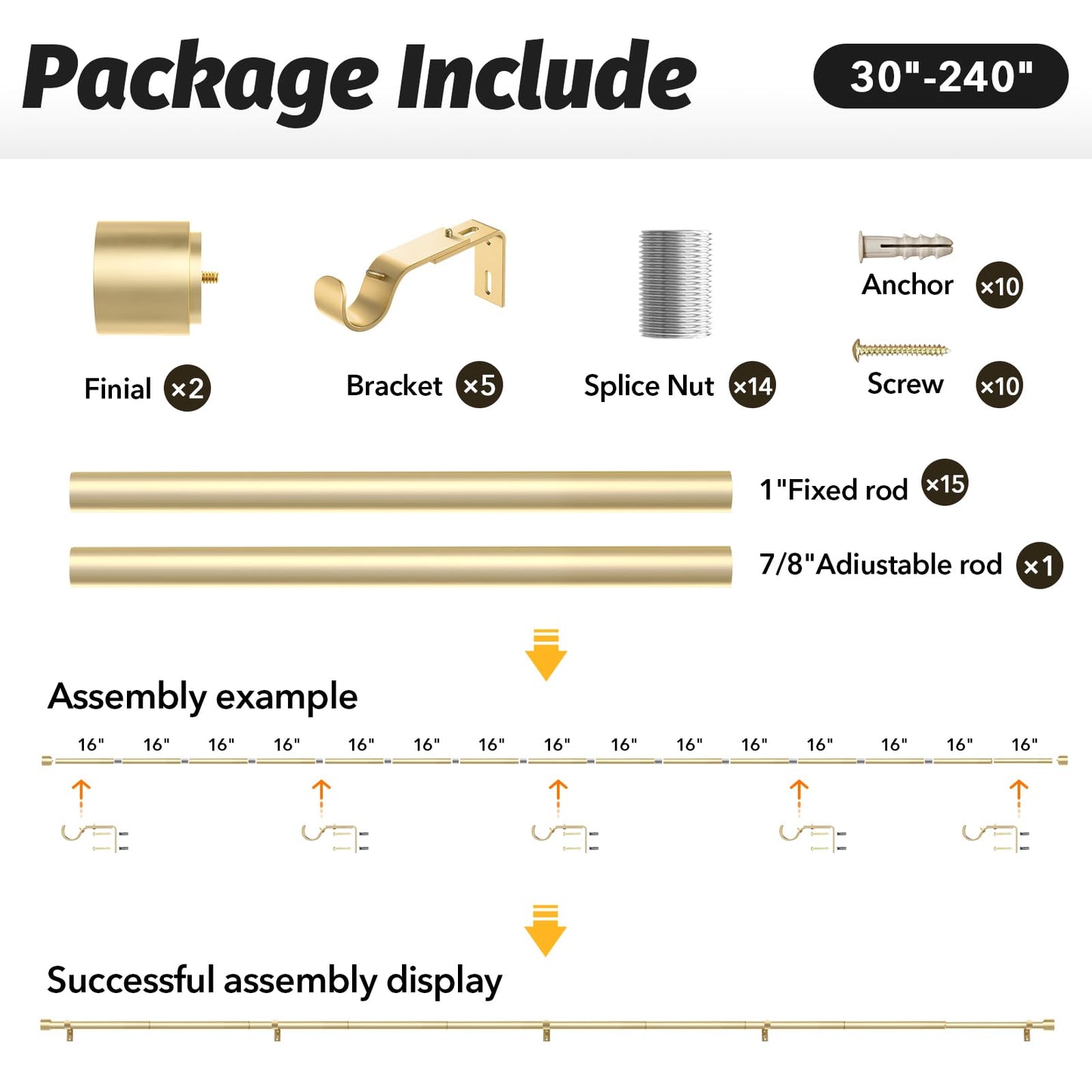 GEEBOBO Gold Curtain Rods for Windows 120 to 240 Inch, 1 Inch Extra Long Heavy Duty Easy Install Adjustable Curtain Rods Set for Outdoor, Farmhouse, Bedroom, Living Room (Gold, 30"-240")