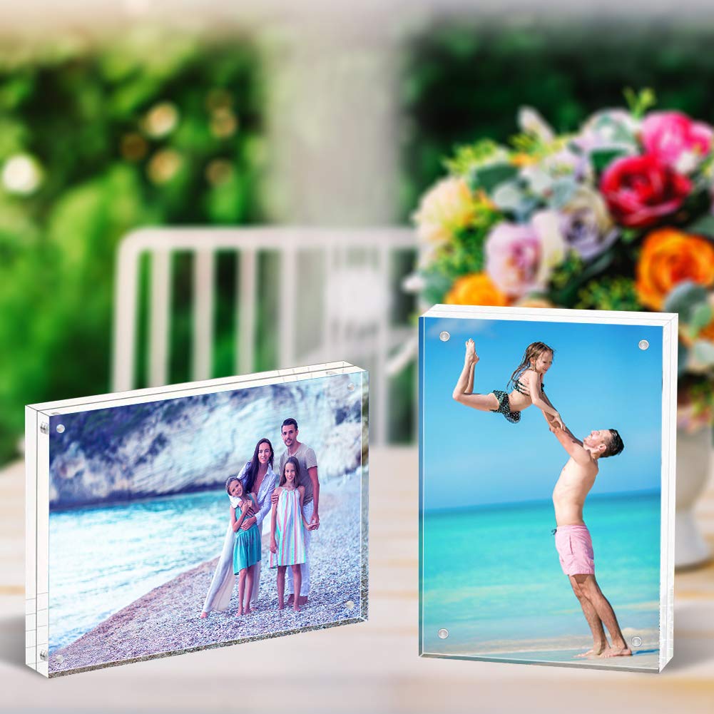 HELPLEX Acrylic Frames, 2 Pack 5x7, 24mm Thicker Frameless Clear Picture Frame, Double Sided Magnetic, Free Standing Desktop Display