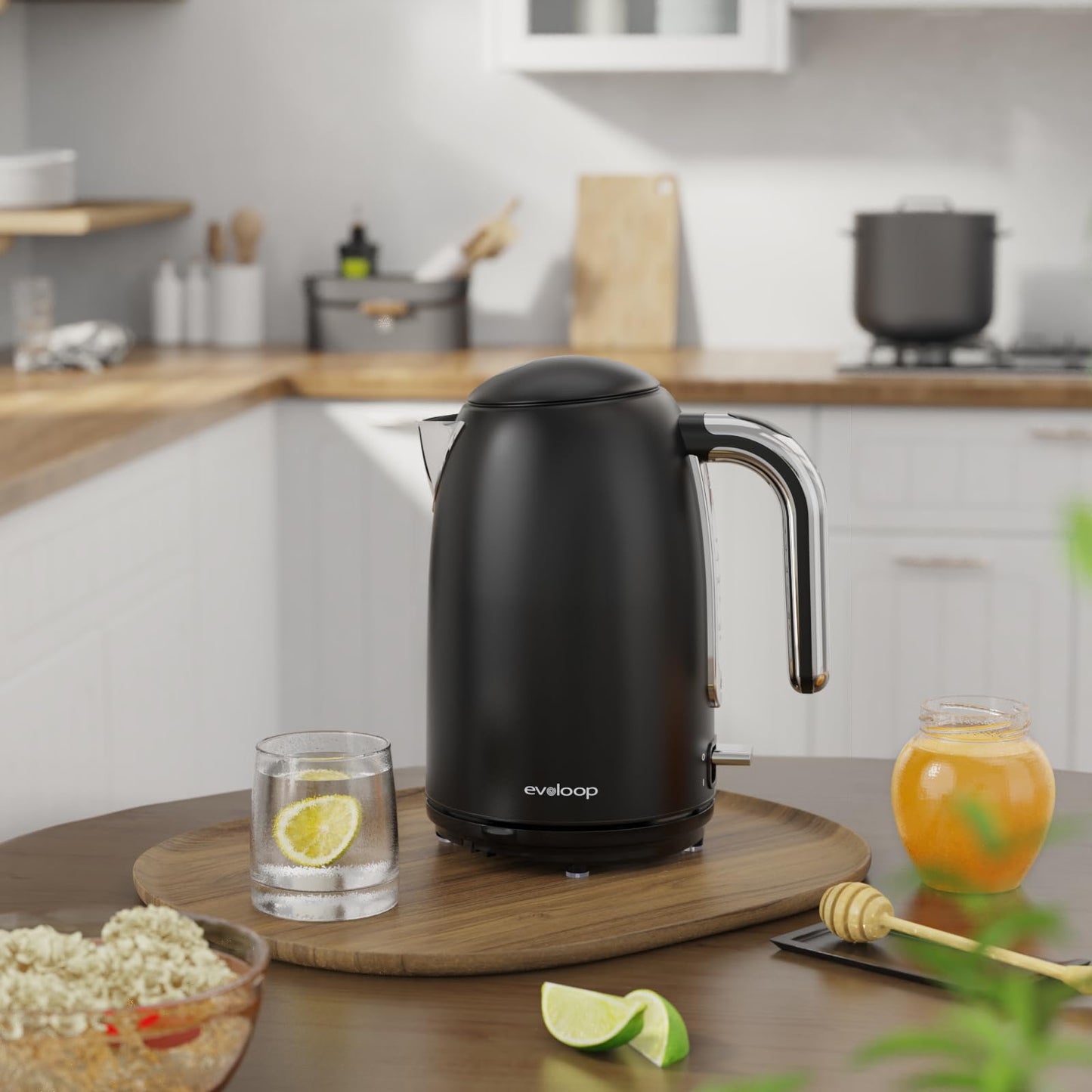 Evoloop Electric Kettles, 1.7L Tea Kettle, Hot Water Boiler Heater, Stainless Steel Electric Teapots BPA Free, Auto Shut-Off & Boil-Dry Protection, 120V/1500W-Black