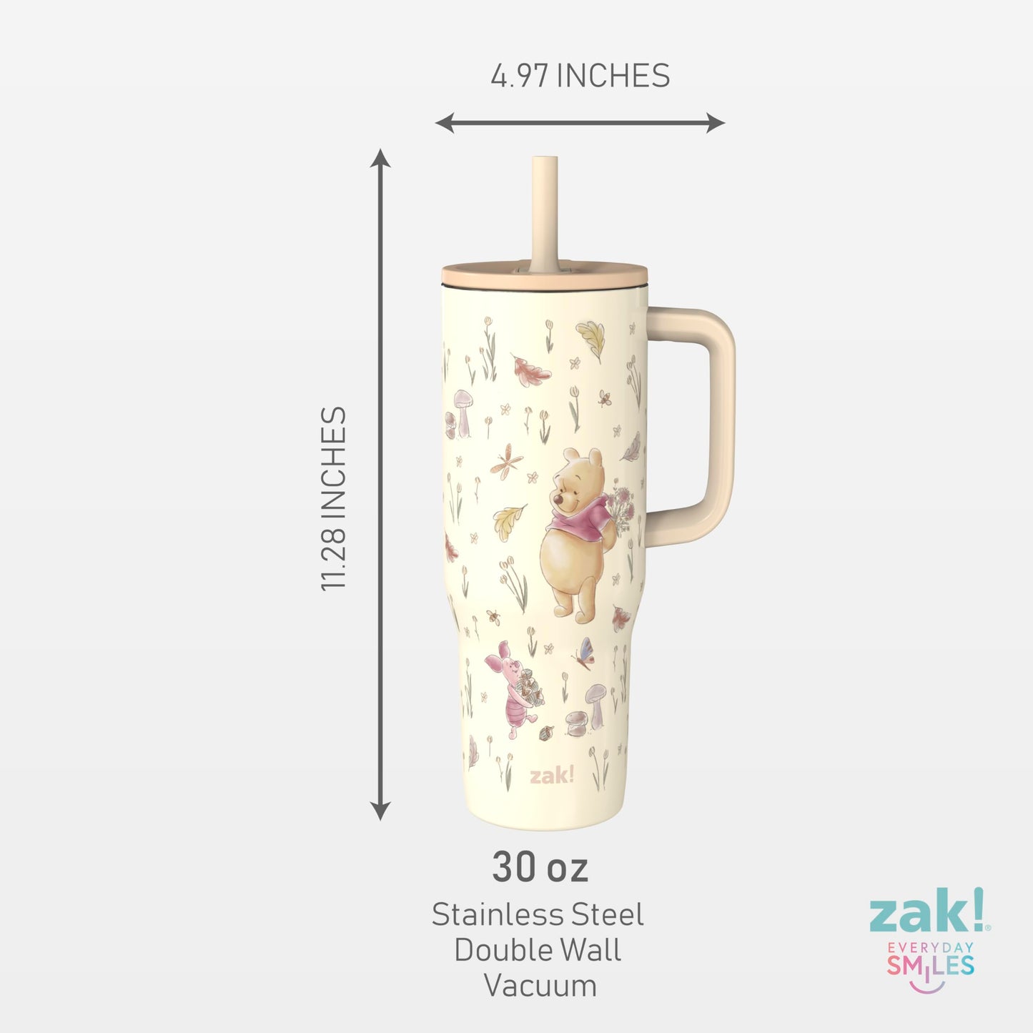 Zak Designs Disney Winnie the Pooh Sutton Travel Tumbler for On the Go, 30oz Stainless Steel with Vacuum Insulation, Silicone Straw, and Carry Handle for Cold Drinks (Pooh and Friends)