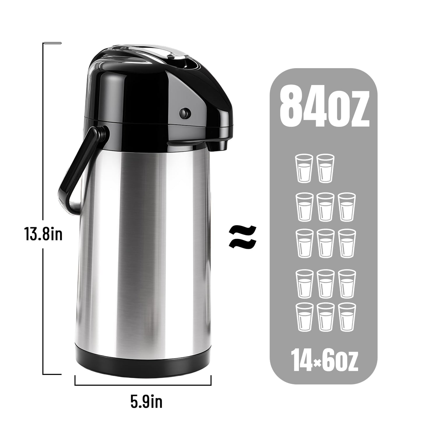 Ratrabas Upgraded Airpot Coffee Carafe with Double Pump - 84oz/2.5L Coffee Carafe for Keeping Hot, Beverage Dispenser for Hot/Cold Beverage (1, Stainless Steel Color)
