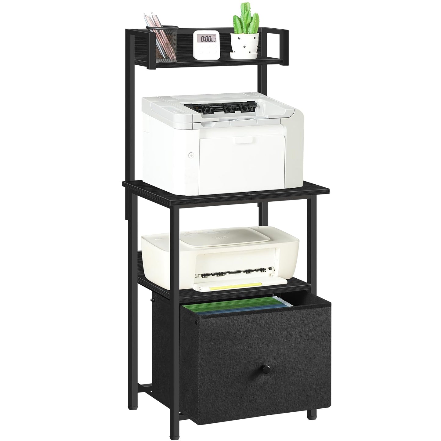 MAHANCRIS Printer Table with Storage, Home Printer Stand with File Cabinet, Fits A4/Letter Size Files, Printer Cabinet with Large Tabletop, Display Shelf, for Home Office, Black PTBK3501