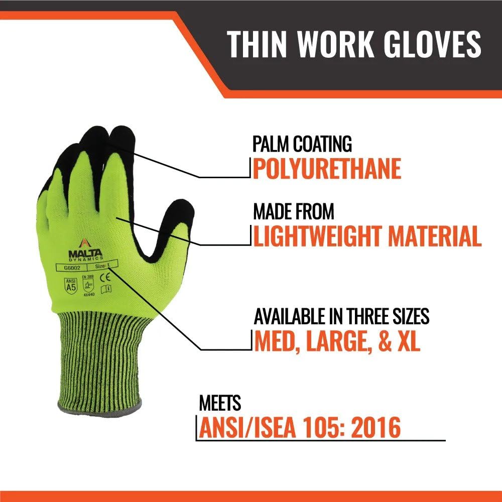 Malta Dynamics Safety Protective Work Gloves, Cut Level 5, OSHA/ANSI Compliant (Large, 12 Pair)