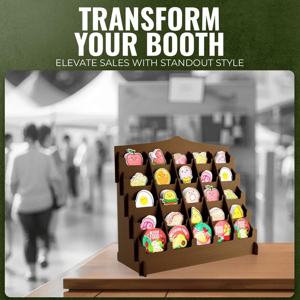 HOTCAN Sticker Display Stand with Curved Pockets for Big 4'' Stickers | Brochure Holder with Customizable Space | Display Stands for Vendor Events | Ideal for Small Business Vendors (Brown, Large)