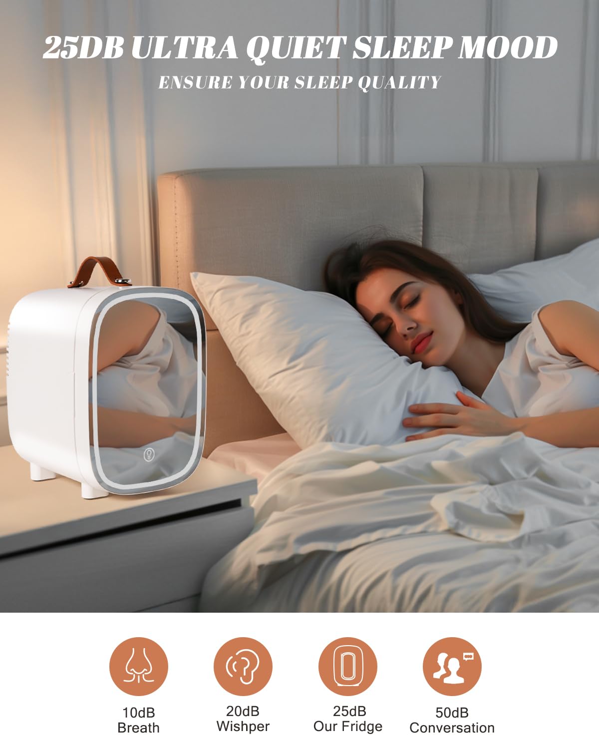 Mini Fridge for Bedroom, 4 Liter/6 Can Skincare Fridge With LED Mirror & Leather Carrying Handle,12v AC/DC Cooler & Warmer Portable Small Refrigerator for Drinks, Makeup, Dorm, Office and Car(White)