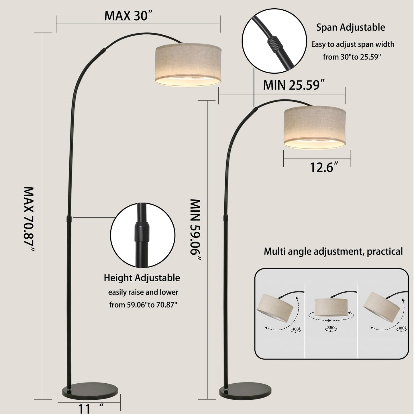 Brisluck Arc Floor Lamp with Fan Dimmable Standing Lamp with Remote 3 Color Temperatures Adjustable for Living Room Bedroom Bright Reading Lamp with Marble Base
