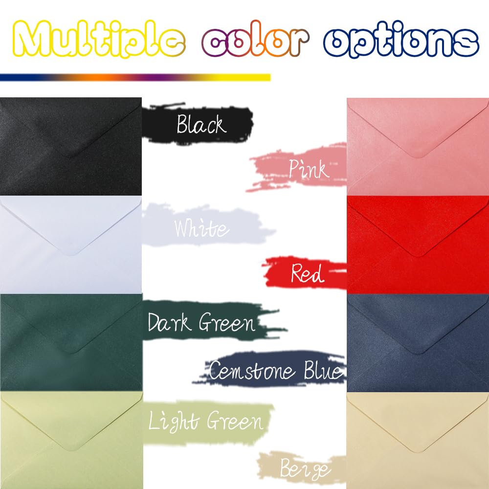 UoeRing Bulk 5x7 Self-Sealing Black Envelopes 250 Pack - A7 (5.31×7.67in) Premium 120g Pearl Glitter Paper - Printable & Writable for Wedding, Party Invitations - Includes Gold Sealing Stickers