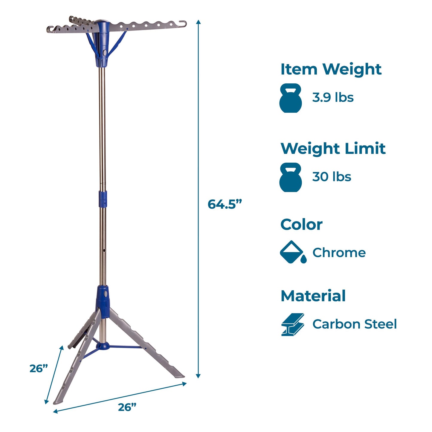 Honey-Can-Do 64-Inch Steel Tripod Clothes Drying Rack, Foldable Collapsible Laundry Stand with 3 Rotatable Arms, Holds 30 Hangers, Space-Saving Indoor Outdoor Air Dry Rack, Blue
