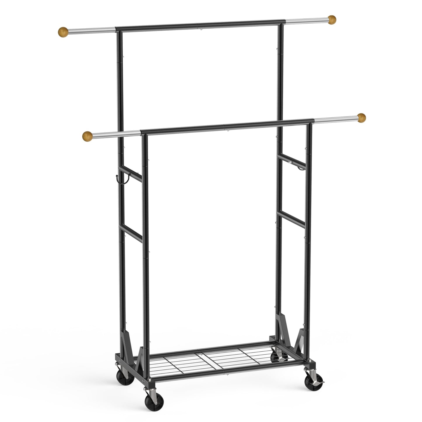 HRUSGO Rolling Garment Rack - Double Rod Clothes Rack with Lockable Casters, Mesh Storage Shelf & Anti-Slip Wooden Finials accented - Sleek Black Freestanding Closet Organizer for Coats, Dresses