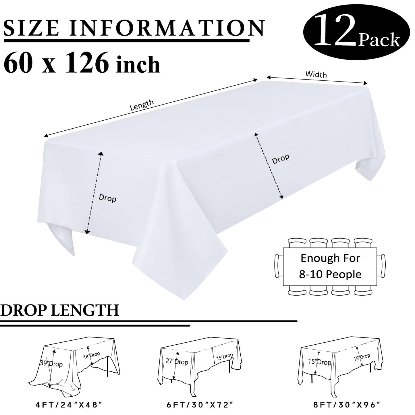 12 Packs White Table Cloth Rectangle 60x126 Inch Tablecloths Rectangular for 8ft Rectangle Tables, Wrinkle Resistant Polyester Fabric Tablecloth Washable Covers for Wedding Party