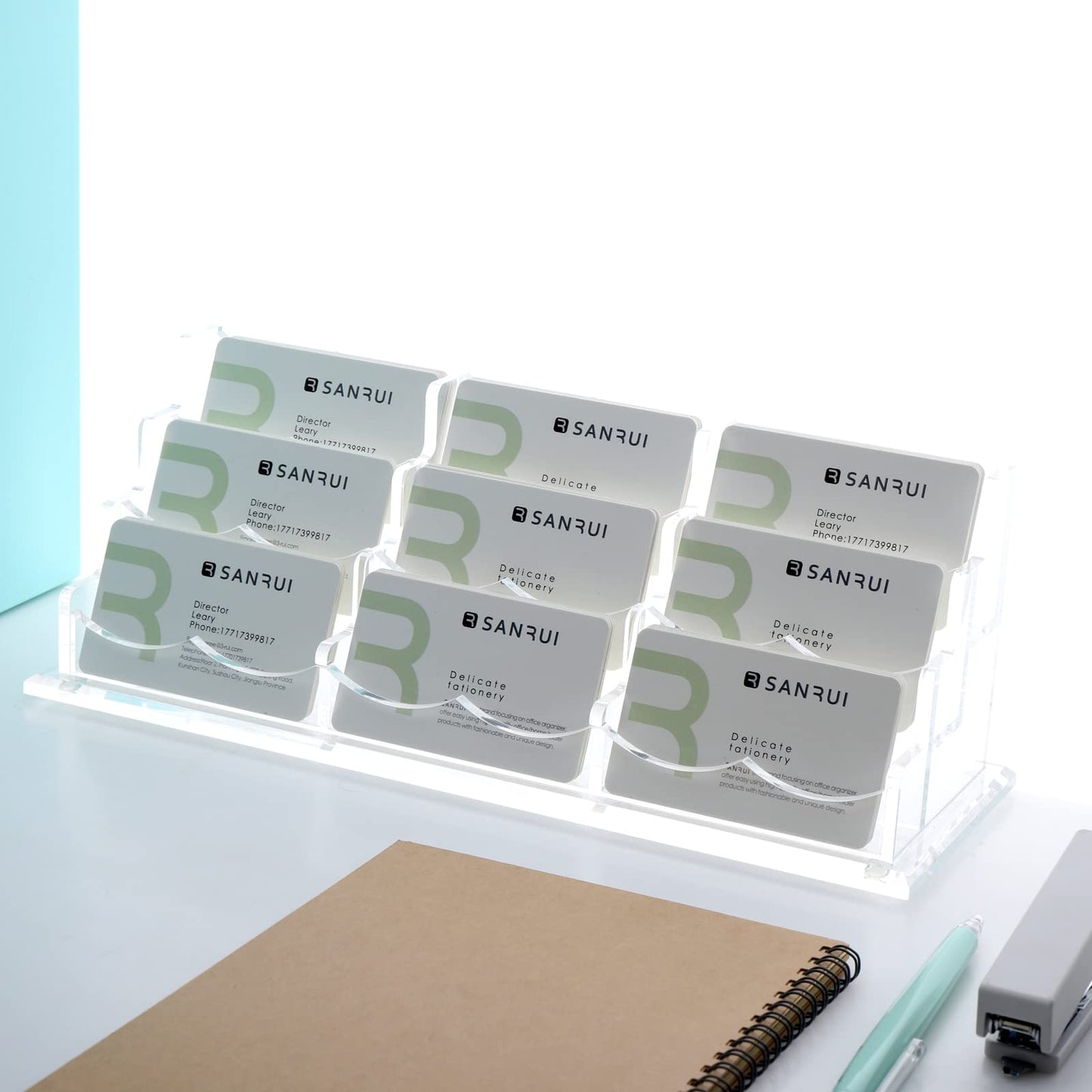 SANRUI Business Card Holder for Desk Clear Acrylic Business Card Holders, Business Card Display Stand 3Tier 9 Slots