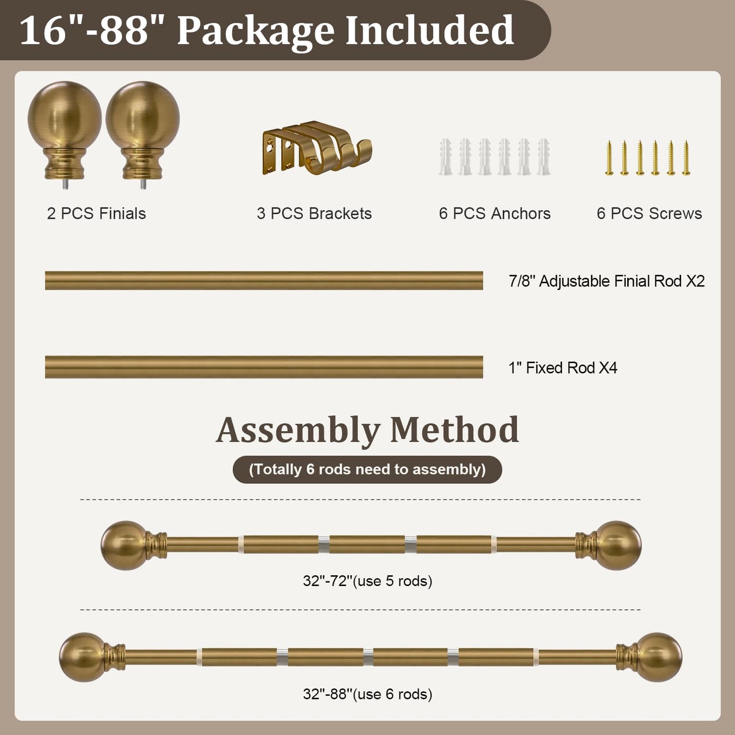 Warm Gold Curtain Rods for Windows 48 to 84 Inch 1" Diameter Adjustable Heavy Duty Brass Window Curtain Rod with Metal Finials for Living Room Bedroom Farmhouse Kitchen Outdoor