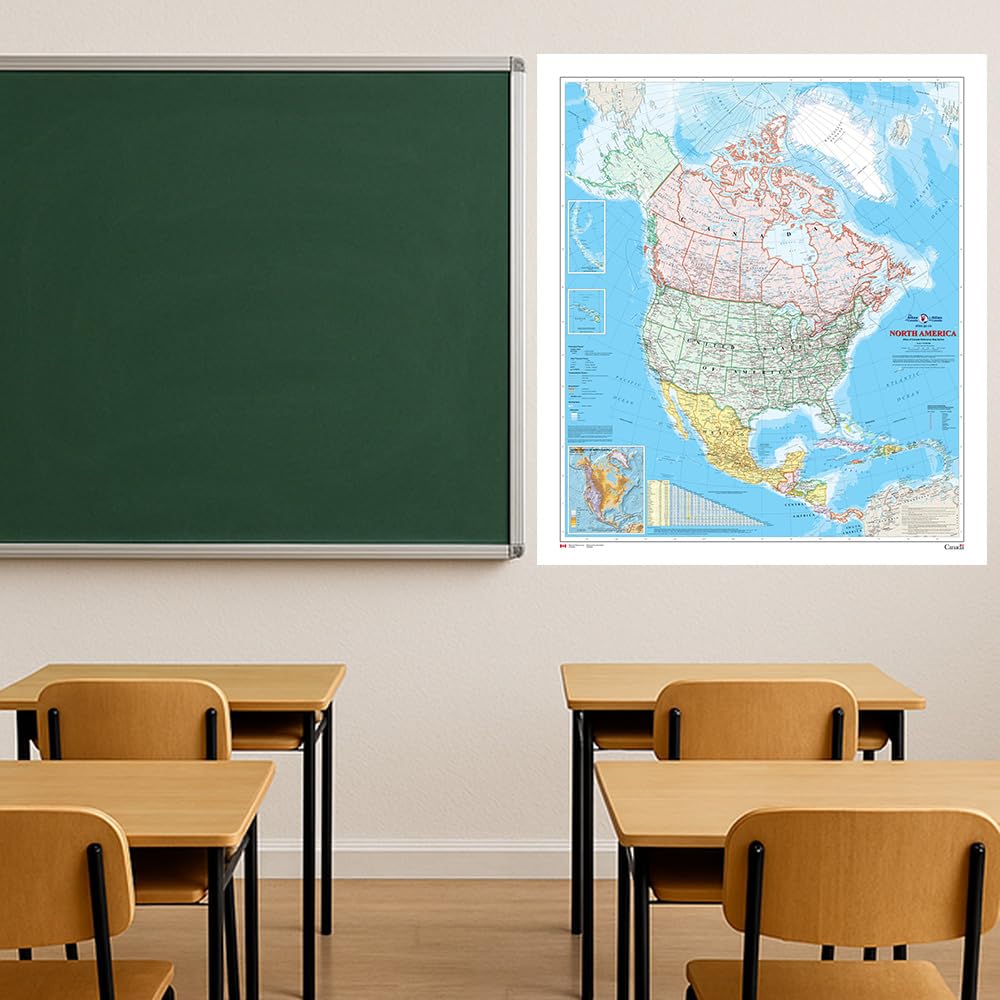 North America Wall Map - Atlas of Canada - 34" x 39" Laminated