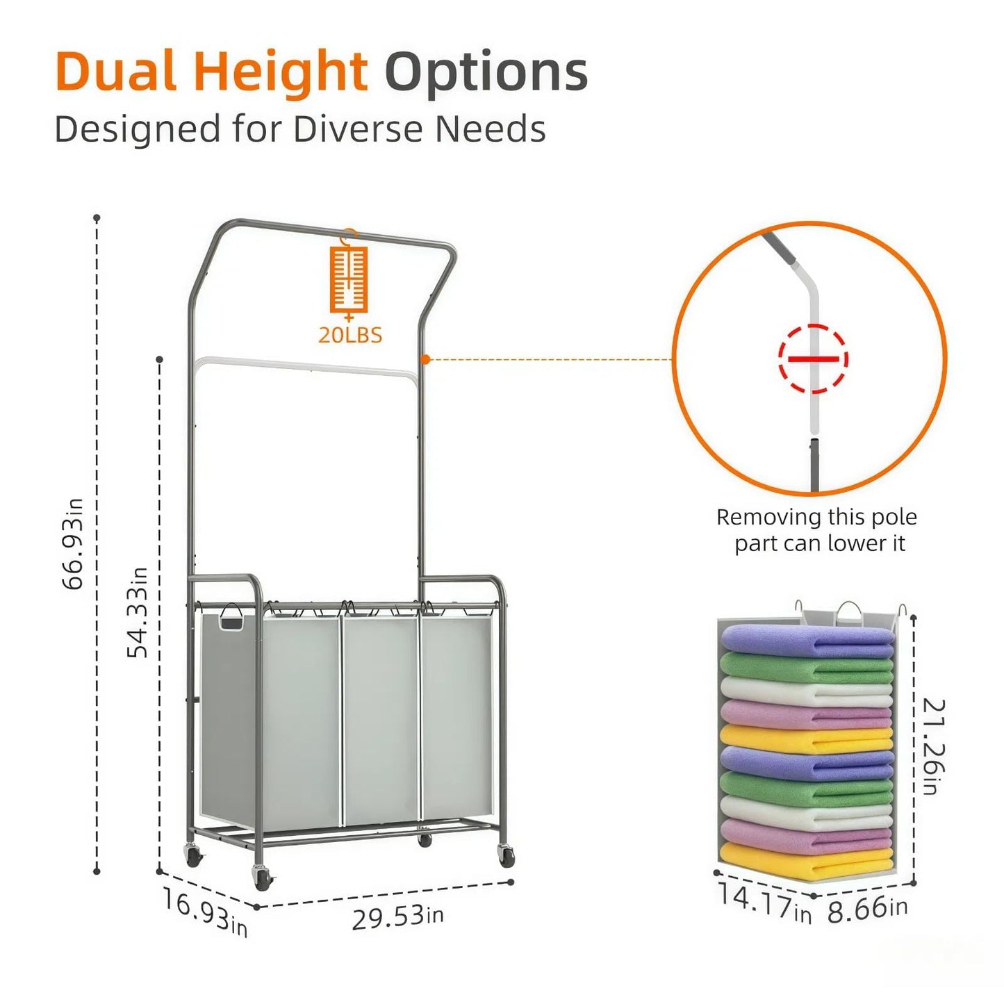 ROMOON Laundry Sorter Hamper with Hanging Bar, 3 Section Rolling Laundry Cart with Clothes Rack & Heavy-Duty Lockable Wheels, Divided Laundry Basket Organizer for Apartment & Small Spaces (135L Grey)