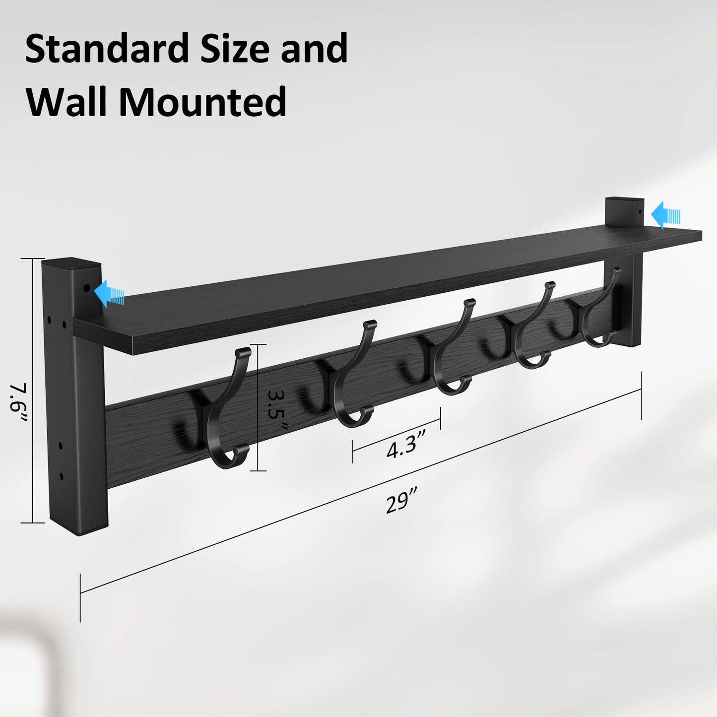 Optish Coat Rack Wall Mount with Shelf, 29 Inch Coat Hanger Walls Mounted, Hat Rack for Walls, Shelf with 5 Coat Hooks, Wall Hanger for Entryway (Black)