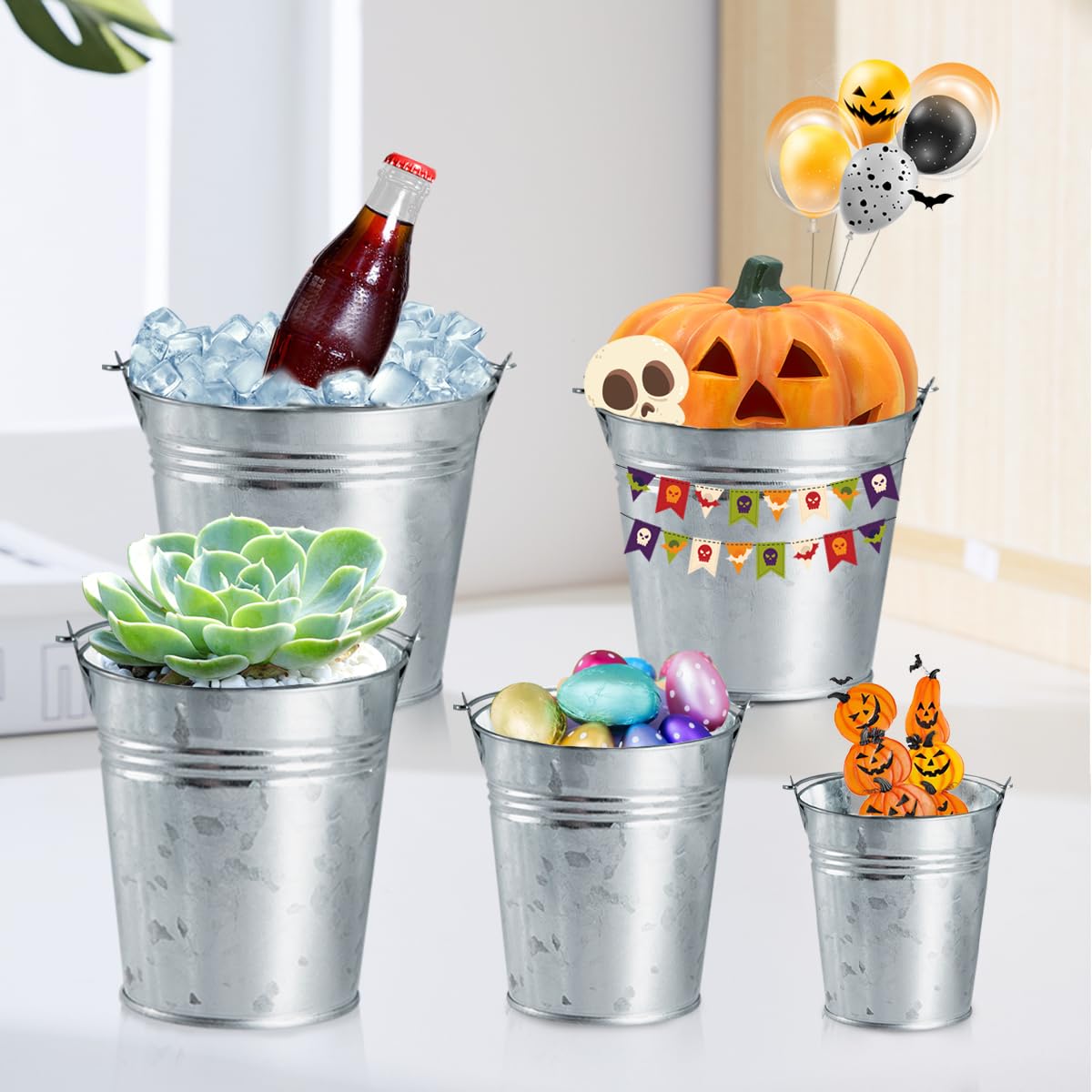OBTANIM 8 Pack Galvanized Metal Buckets with Handle Ice Pails for Plants, Succulents, Party Favors Organizing, Rustic Home Decor or Classrooms Pencil Storage (9 x 5.9 inch)
