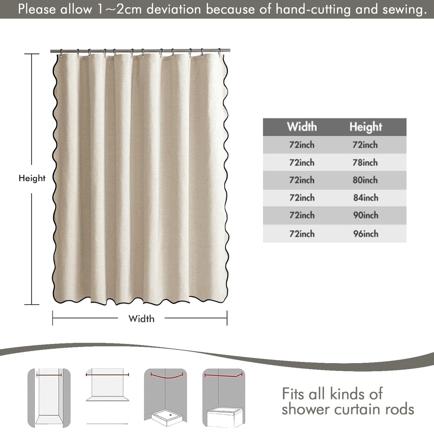 MIULEE 84" Long Scalloped Shower Curtain Linen Textured with 12 Metal Hooks Cute Extra Long Heavy Duty Washable Waterproof Cloth Shower Curtains with Black Border for Bathroom Bathtub,Cream Beige