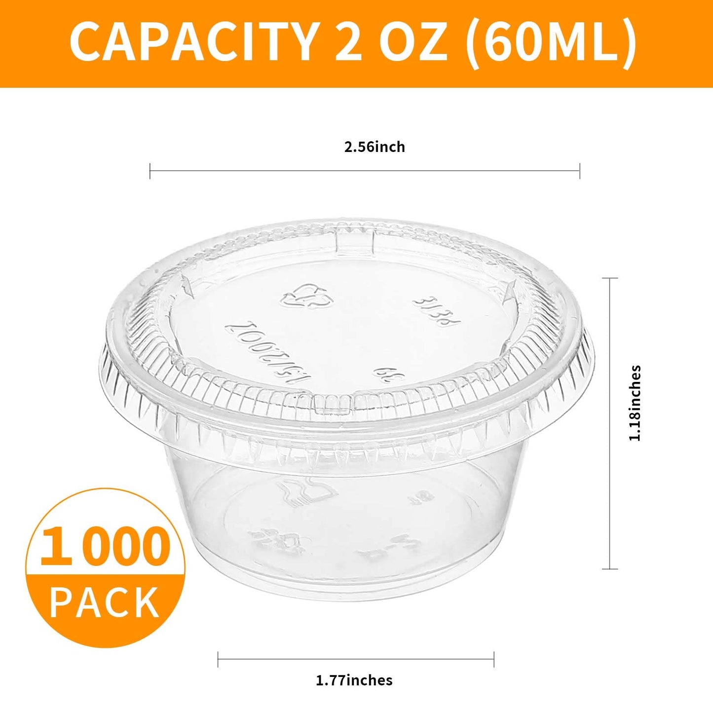 1000 Pack Jelly Shot Cups With Lids - 2oz Plastic Small Containers for Portion, Souffle, Sauce, Salad Dressing, Food Condiment - Disposable