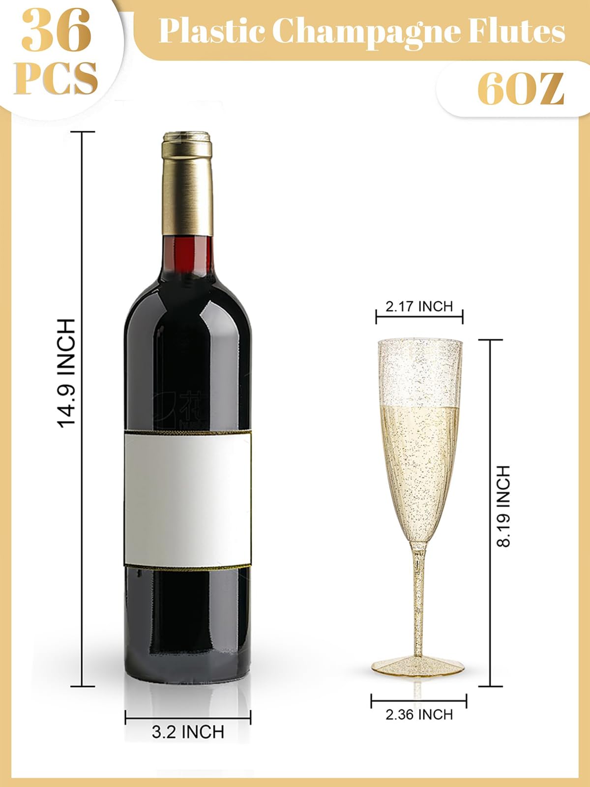 WDF 36-Pack Plastic Champagne Flutes - Gold Glitter Champagne Glasses Disposable - Perfect for Wedding/Birthday/Bridal Shower/Baby Shower/Graduation
