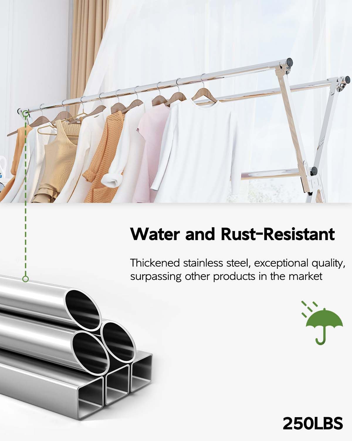 Vikaqi Clothes Drying Rack 79 Inches Folding Indoor Outdoor, Drying Rack Clothing Collapsible, Foldable Laundry Drying Rack, Heavy Duty Stainless Steel Clothesline, Garmet Rack, 20 Hooks 12 Clips