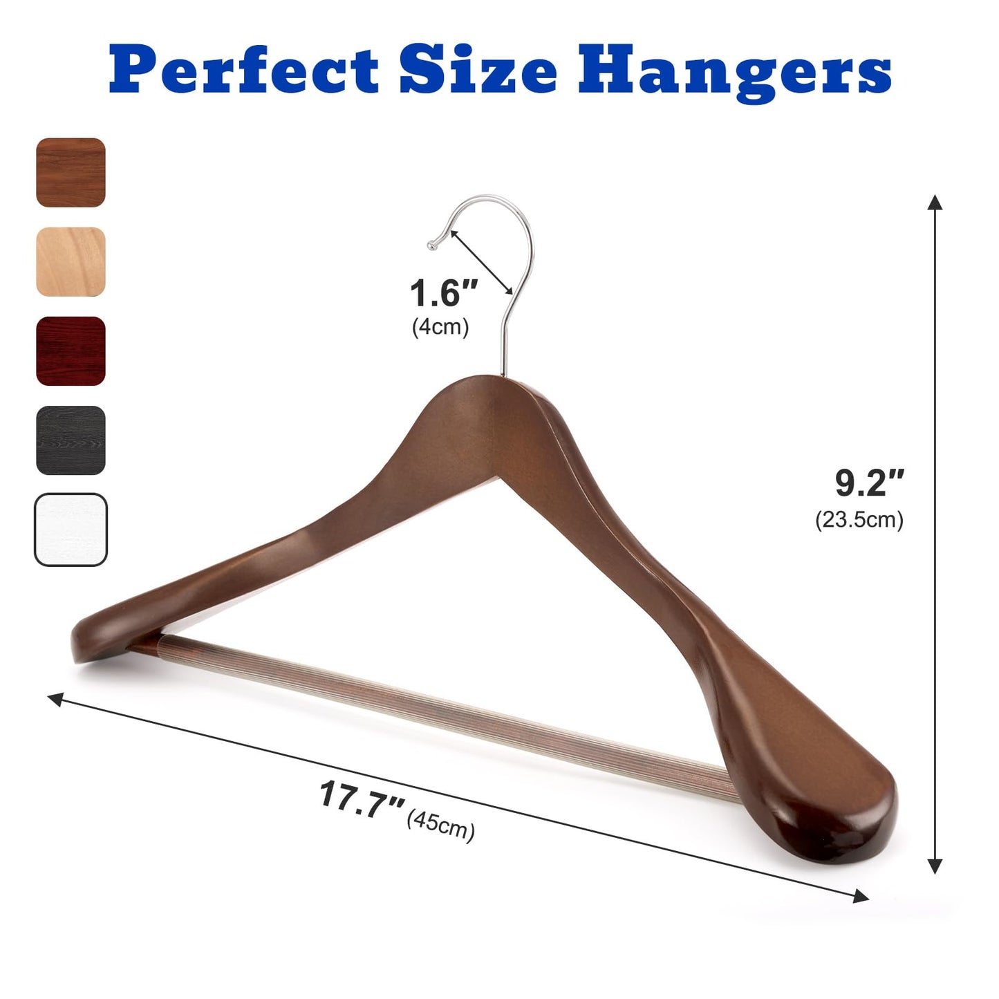 HOUSE DAY Wide Shoulder Wooden Hangers, Suit Hangers with Non Slip Pants Bar, Smooth Finish 360° Swivel Hook Solid Wood Coat Hangers for Dress, Jacket, Pants, Heavy Clothes Hangers 6 Pack (Walnut)