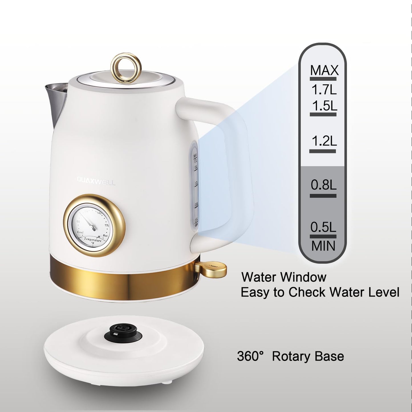 QUAXWELL Retro Electric Kettle, 1.7L 304 Stainless Steel Tea Kettle with Temperature Gauge, 1500W Fast Boiling Water Boiler,Auto Shut-Off & Boil-Dry Protection, BPA-Free, Matte White and Gold