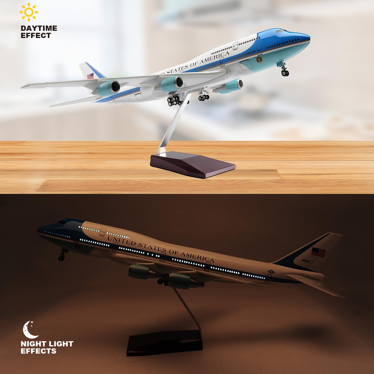 1/150 Scale Diecast Airplane US Airlines Boeing 747 Air Force Planes Model 18.5”Aircraft Model with Landing Gear Voice Control Cabin Light Aircraft Model for Collection
