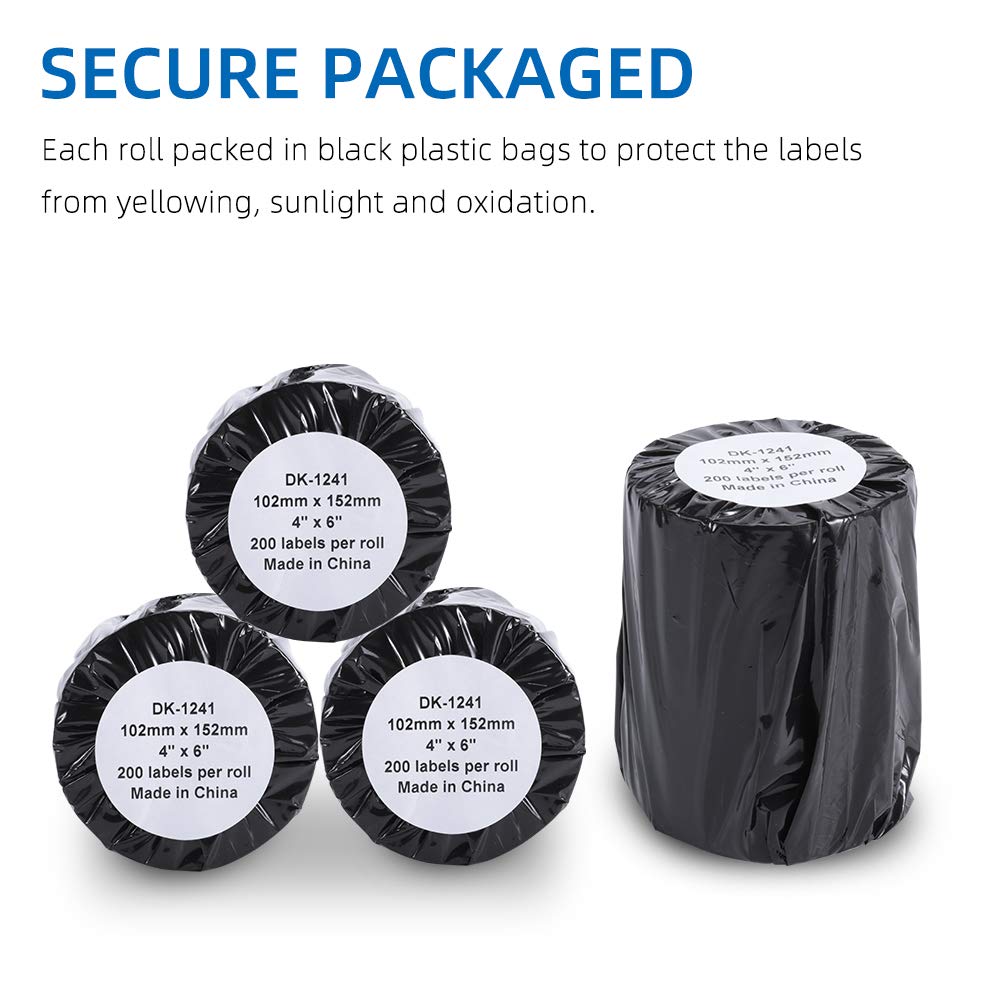 COLORWIING 4" x 6" Shipping Labels Compatible for Brother DK-1241 102mm x 152mm Die-Cut Large White Address Paper Labels, for Brother QL-1110NWB QL-1100 Label Printer (4 Rolls+1 Frame)
