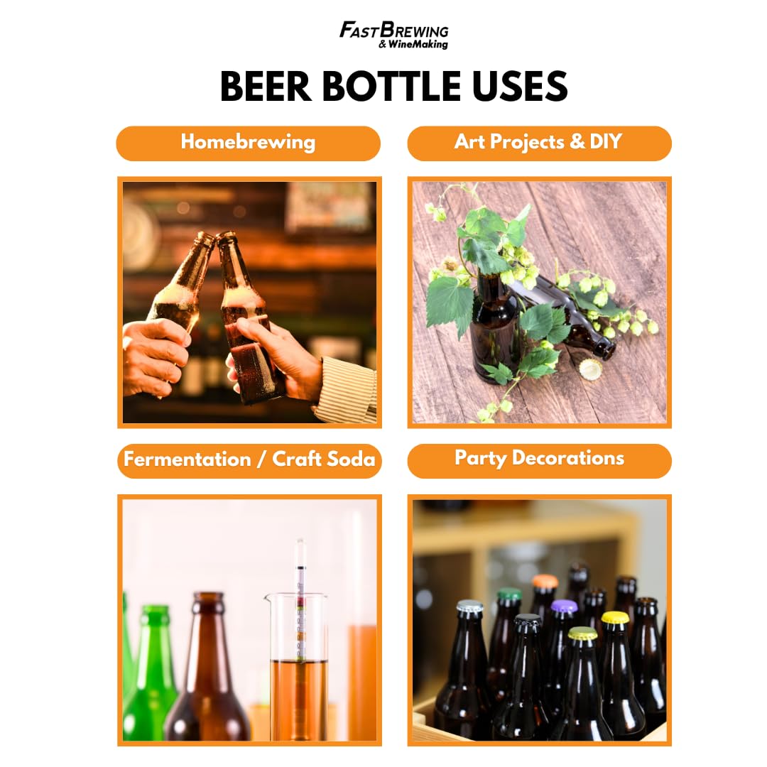 FastRack Amber Beer Bottles 12oz (Pack of 48) | Longneck Glass Beer Bottles with Pry-off Crown Finish for Home Brewing Mead, Cider & Kombucha | Durable Brewing Bottle & Bottling Kit