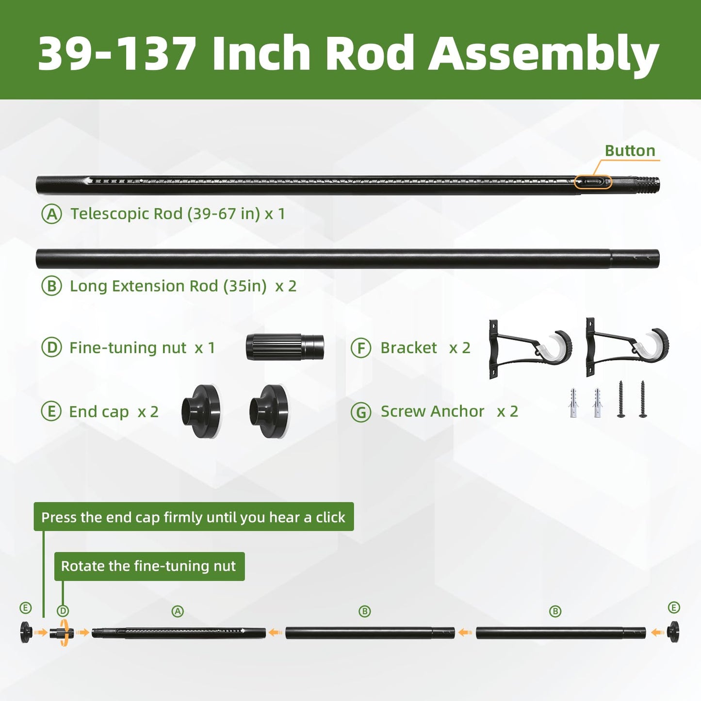 ZYKORT Tension Curtain Rod 39-137In (3.3-11Ft), Heavy Duty Outdoor Tension Rod for Patio Window, One-Click Telescopic Rod, Adjustable Shower Curtain Rod No Drilling for Bathroom Renter Friendly, Black