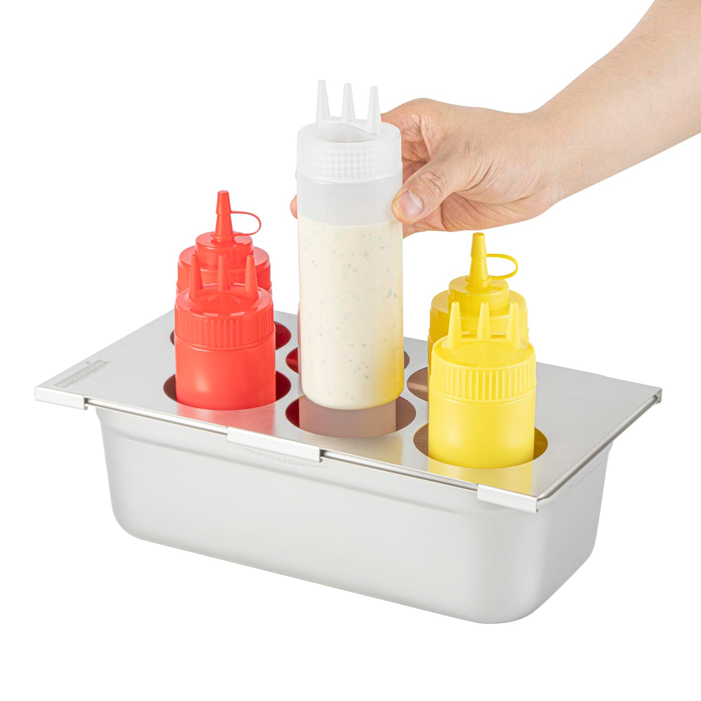 Restaurantware Six Hole Condiment Organizer - 12.795 x 7.087 Inch Stainless Steel Squeeze Bottle Holder With Compact Design For Kitchen Prep Stations - Silver Durable Sauce Rack
