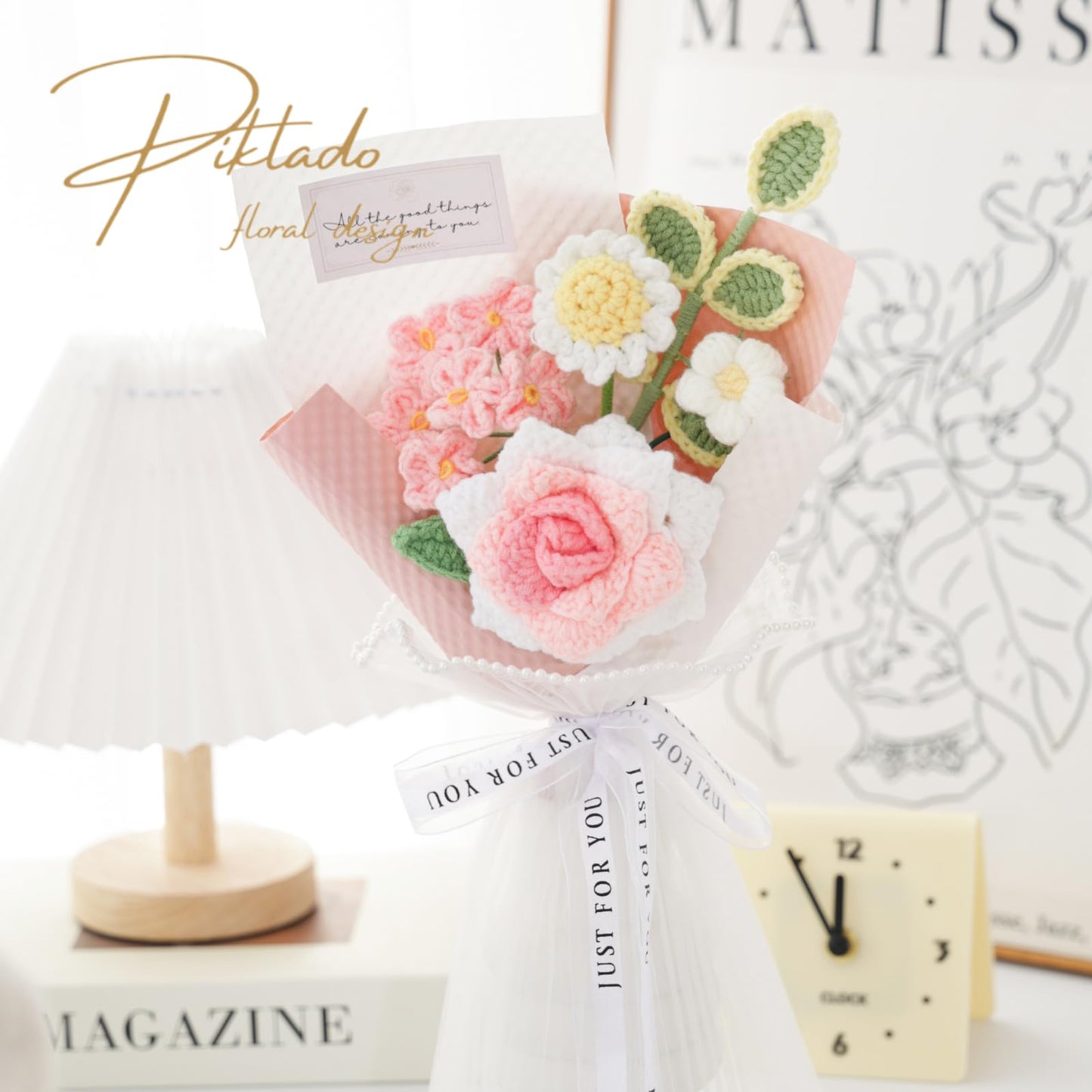 Piklado Handmade Crochet Pink Rose Daisy Bouquet for Family & Friends Finished Yarn Artificial Flower Bouquet, Handcrafted Knitted Floral Arrangement