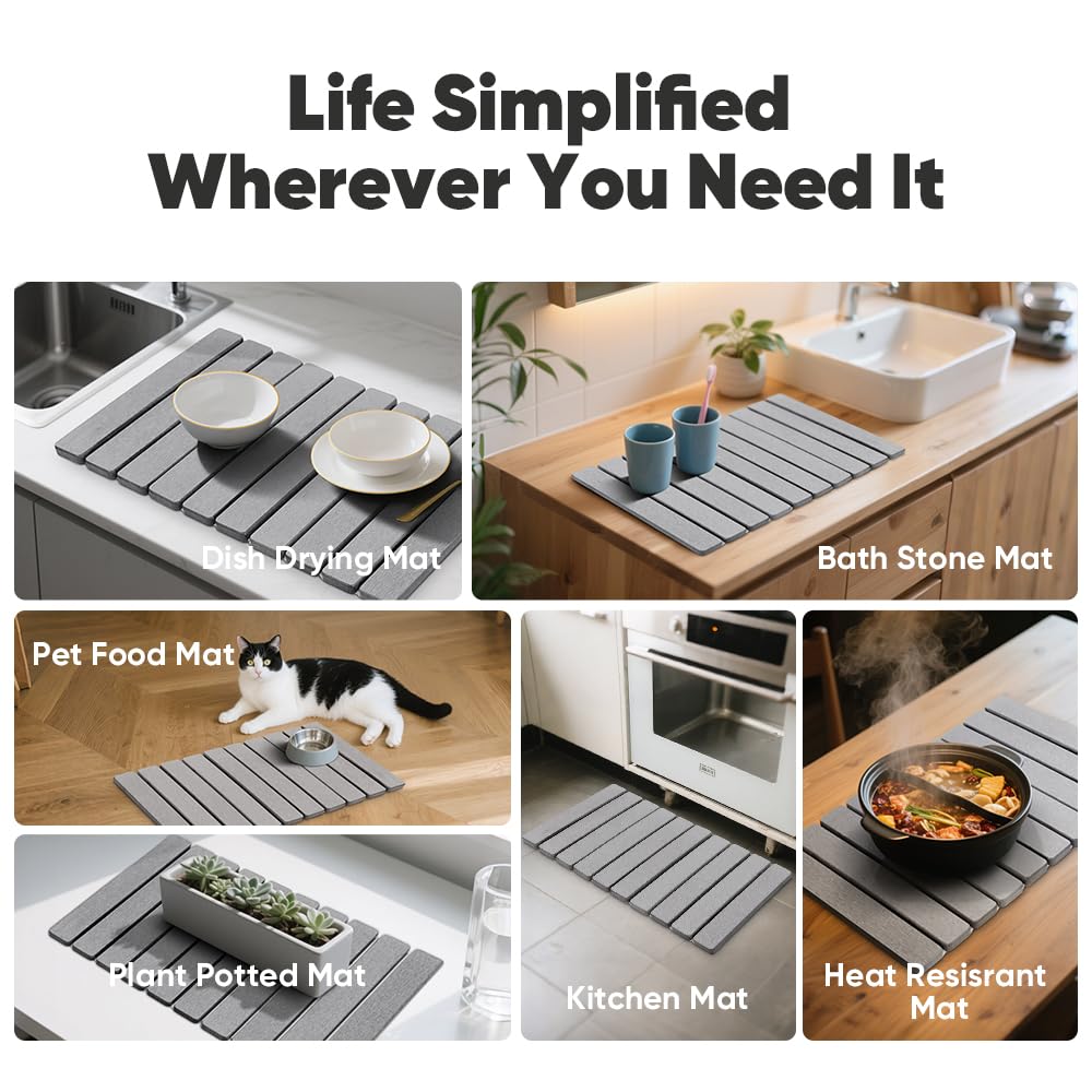 Stone Drying Mat for Kitchen Counter, Quick Diatomaceous Earth Mats for Dishes, 24"L x 16" W Super Absorbent Fast-Drying Collapsible Countertop Stone Mat (Light Grey, 24" x 16")