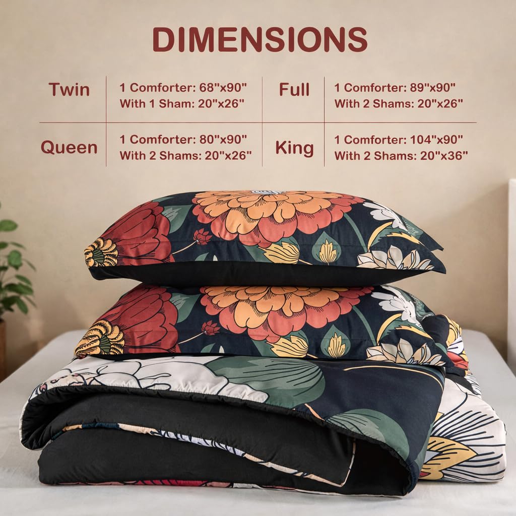 Tyrot Black Boho Floral King Comforter Set - 3 Piece Farmhouse Botanical Bedding Comforter Sets for All Season Soft Lightweight Mid Century Bed Set, (1 Reversible Comforter and 2 Pillow Shams