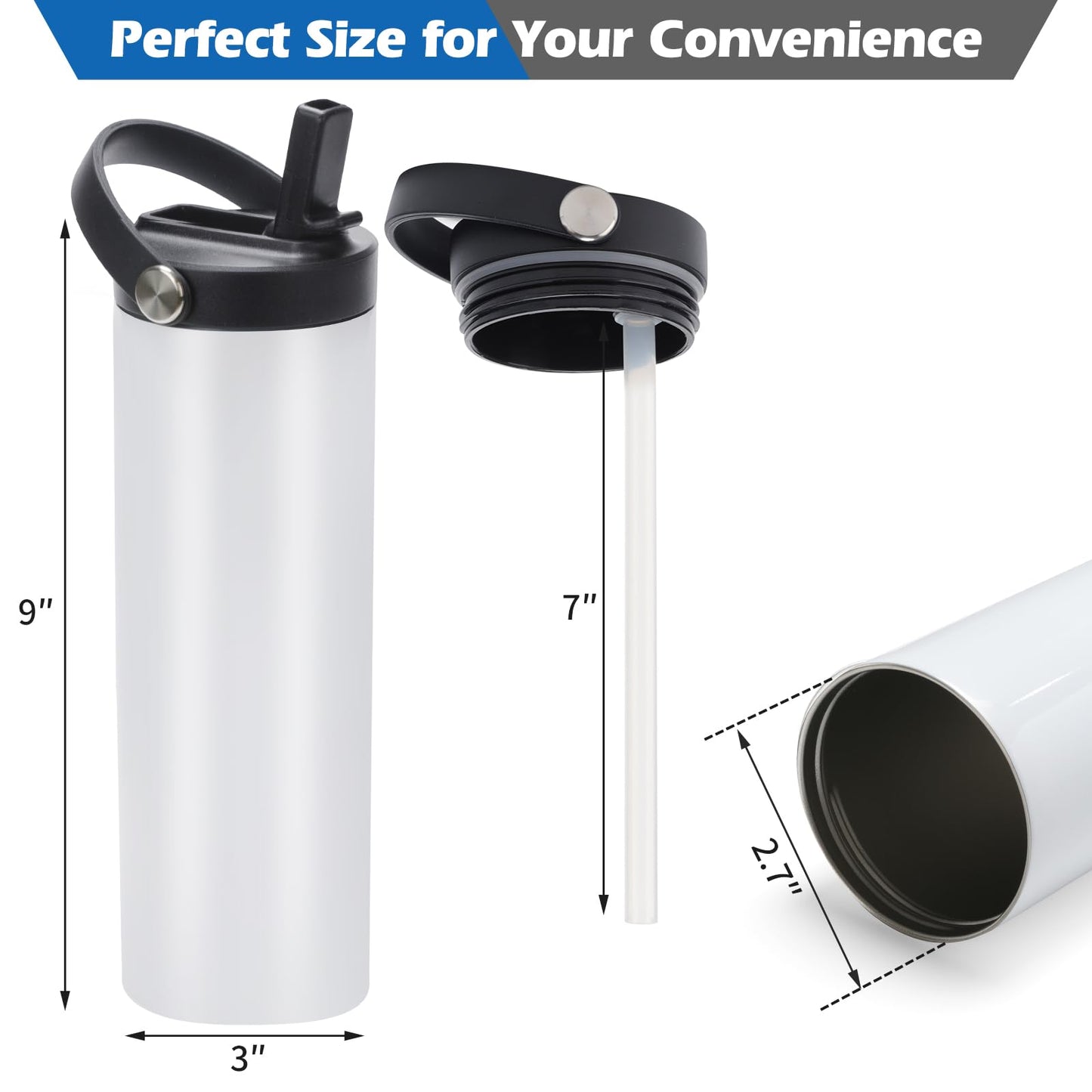 12 Pack Sublimation Tumblers Flat Edge Blanks Skinny Straight 20 oz, Stainless Steel Double Wall Insulated Sublimation Water Bottles with Portable Handle & Straw Lids for Heat Transfer, White