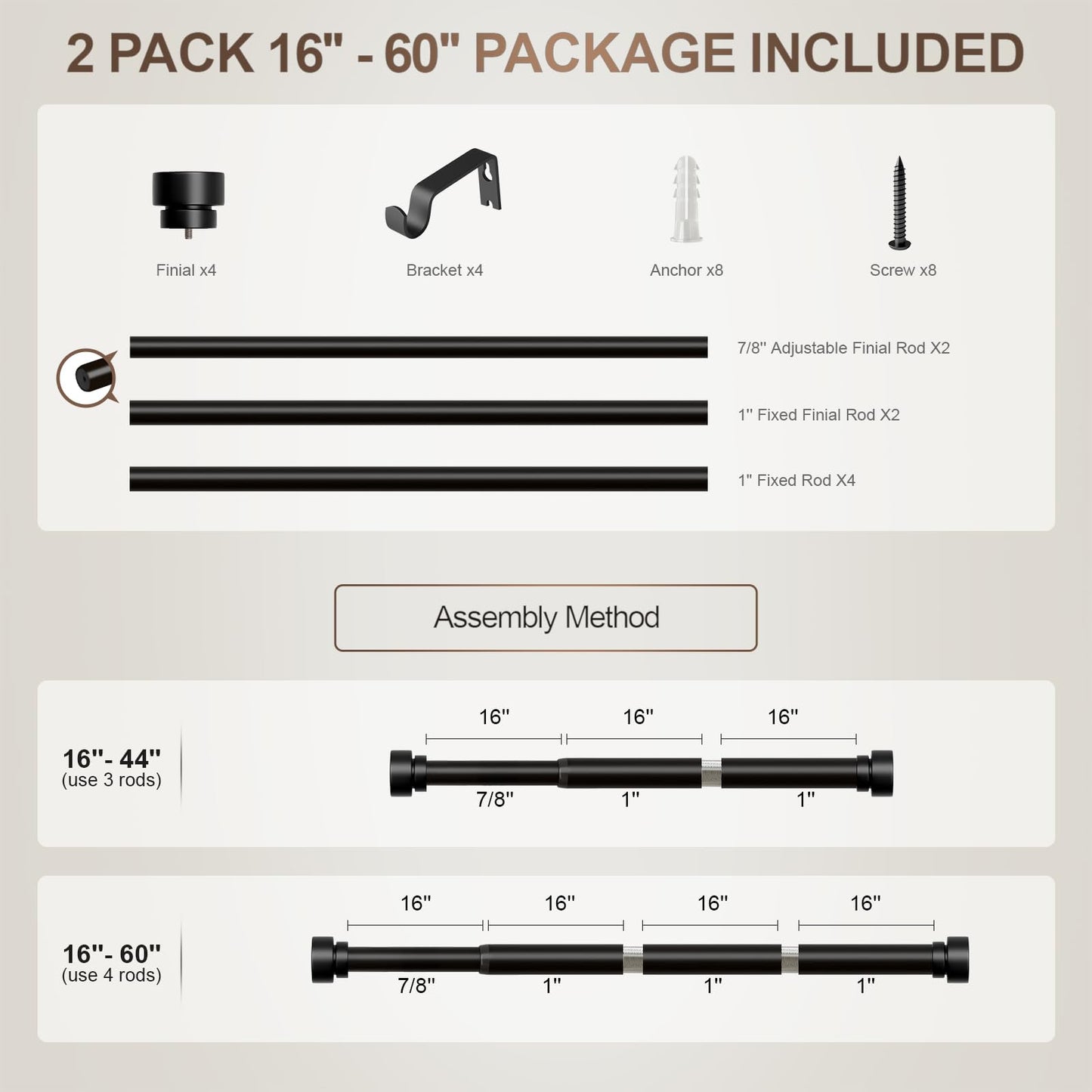Lootkell 2 Pack Modern Black Curtain Rods Set for Windows 28 to 48 Inches Adjustable Length Heavy Duty 1" Diameter Window Curtain Rod with Decorative Finials for Outdoor Bedroom Kitchen Living Room