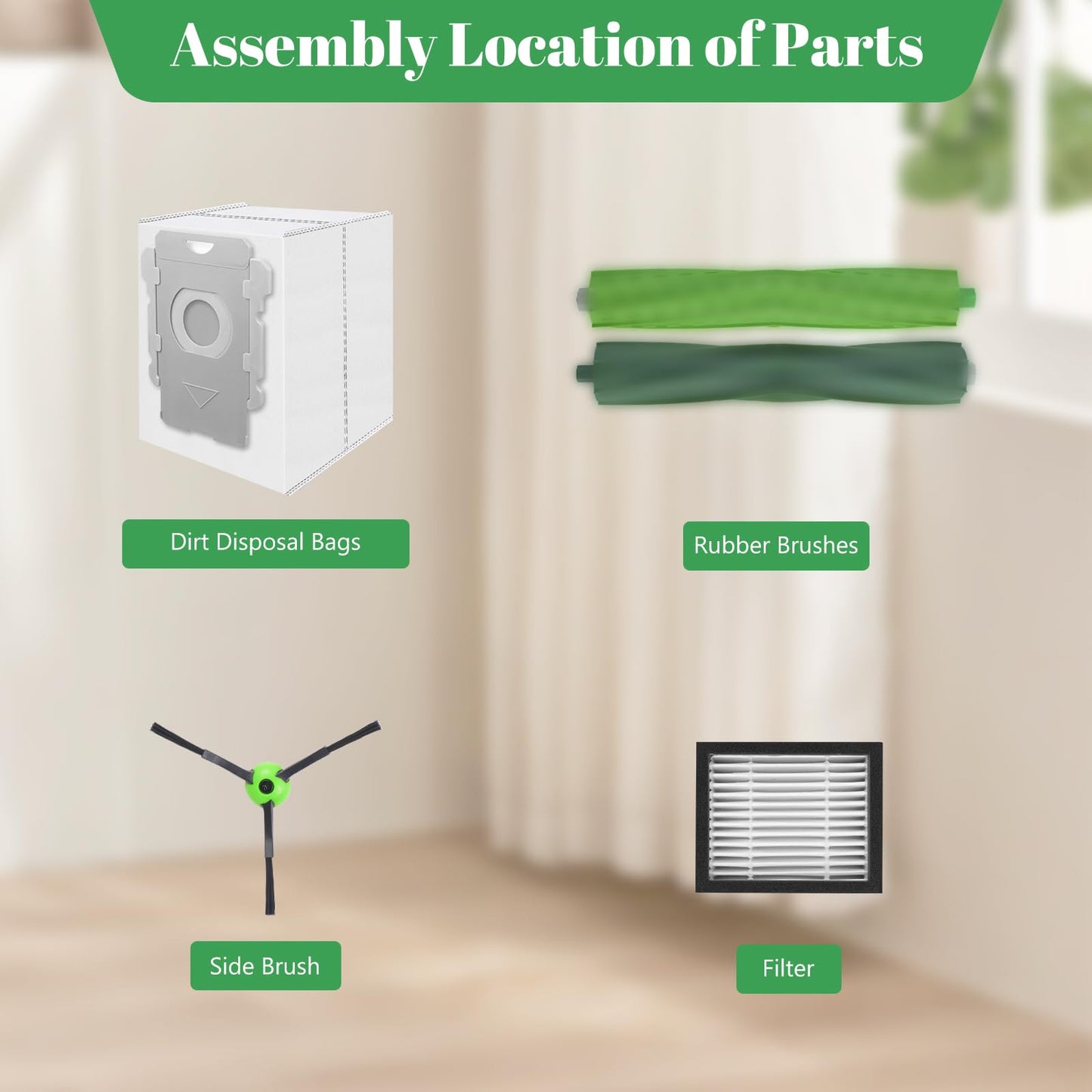 Aomiduo Replacement Parts for iRobot Roomba i2 i3 i3+ i4 i4+ i6 i6+ i7 i7+ i8 i8+/Plus E5 E6 E7, Robot Vacuum Accessories, 2 Set Roller Brush 8 Filters 8 Side Brushes 8 Vacuum Bags