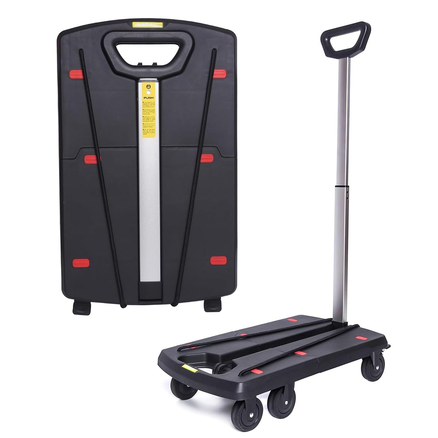 Grenybold Folding Hand Truck with 3-Inch 6 Brake Wheels, 220LBS Capacity Luggage Cart, 21x13 Inch Compact Collapsible Dolly with Bungee Hooks & Strap for Home Travel Grocery Moving
