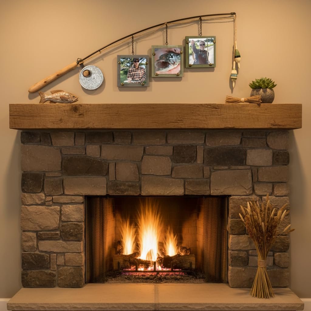 Young's Inc Wood Fishing Pole Triple Photo Frame – Rustic Lake House Wall Fish Decor with Hanging 4x4 Frames, Lodge & Woodland Cabin Accent for Fishermen, Outdoor Enthusiasts, and Family Memories