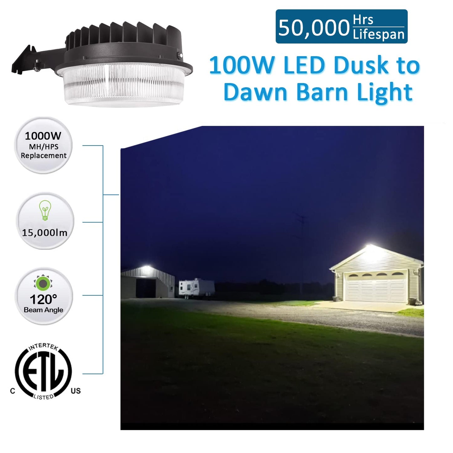100W LED Barn Light, SZGMJIA Dusk to Dawn Outdoor Yard Light with Photocell, Ultra Bright 15,000LM 5000K Daylight, 1000W MH/HPS Replacement,100-277V IP65 Waterproof for Security Area Light, ETL Listed