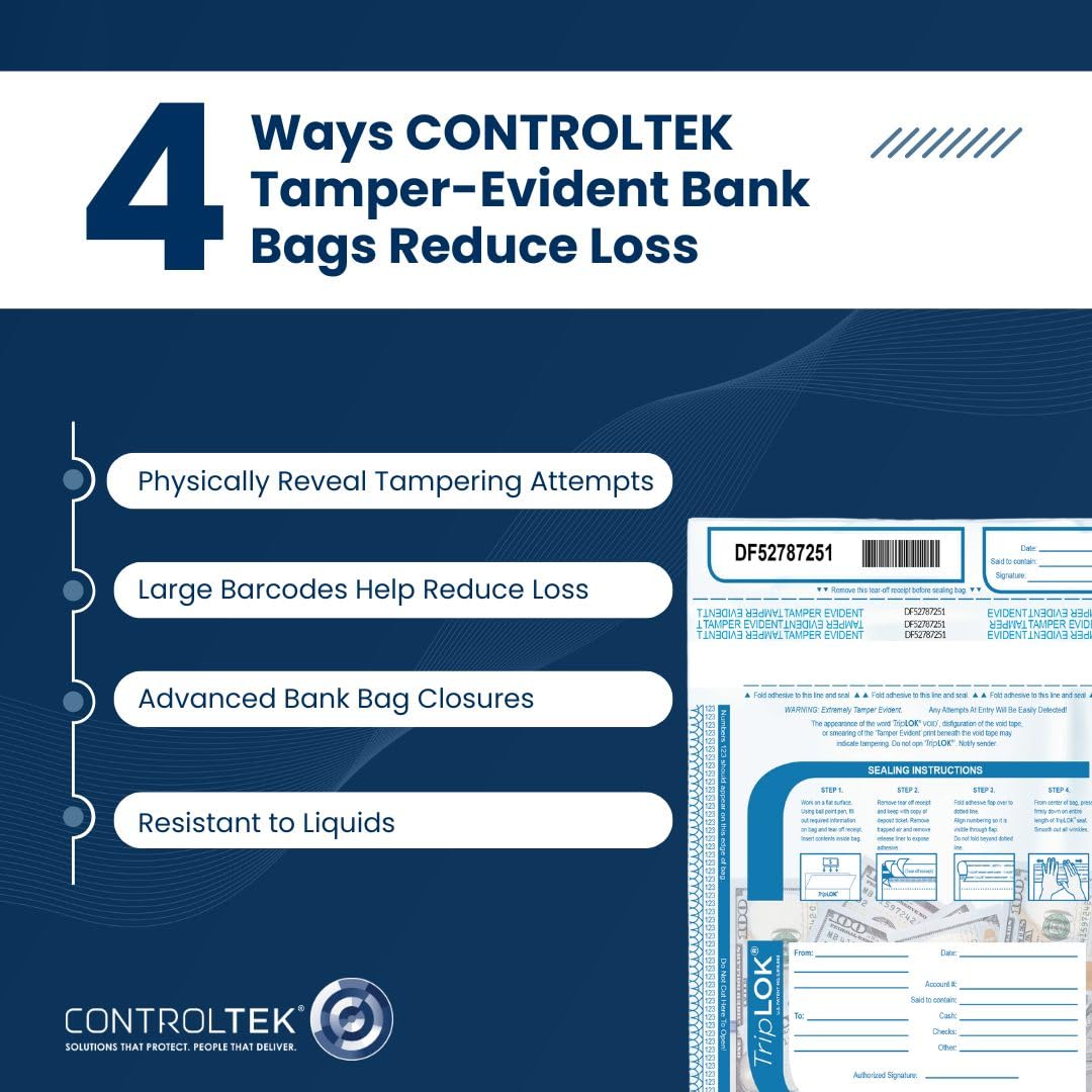 ControlTek TripLok 12" x 16", Clear, 100 Bags, Tamper-Evident Deposit Bags for Cash Handling & Valuables, Moisture, Heat and Cold Sensitive Ink, Tear-Off Receipt + Large Barcodes 585040