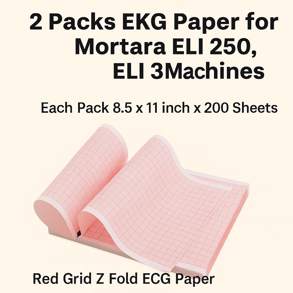 2 Packs EKG Paper for Mortara ELI 250, ELI 350 Machines, Mortara 9100-026-50 Compatible, Each Pack 8.5 x 11 inch x 200 Sheets, Cued with Header, Red Grid Z Fold ECG Paper