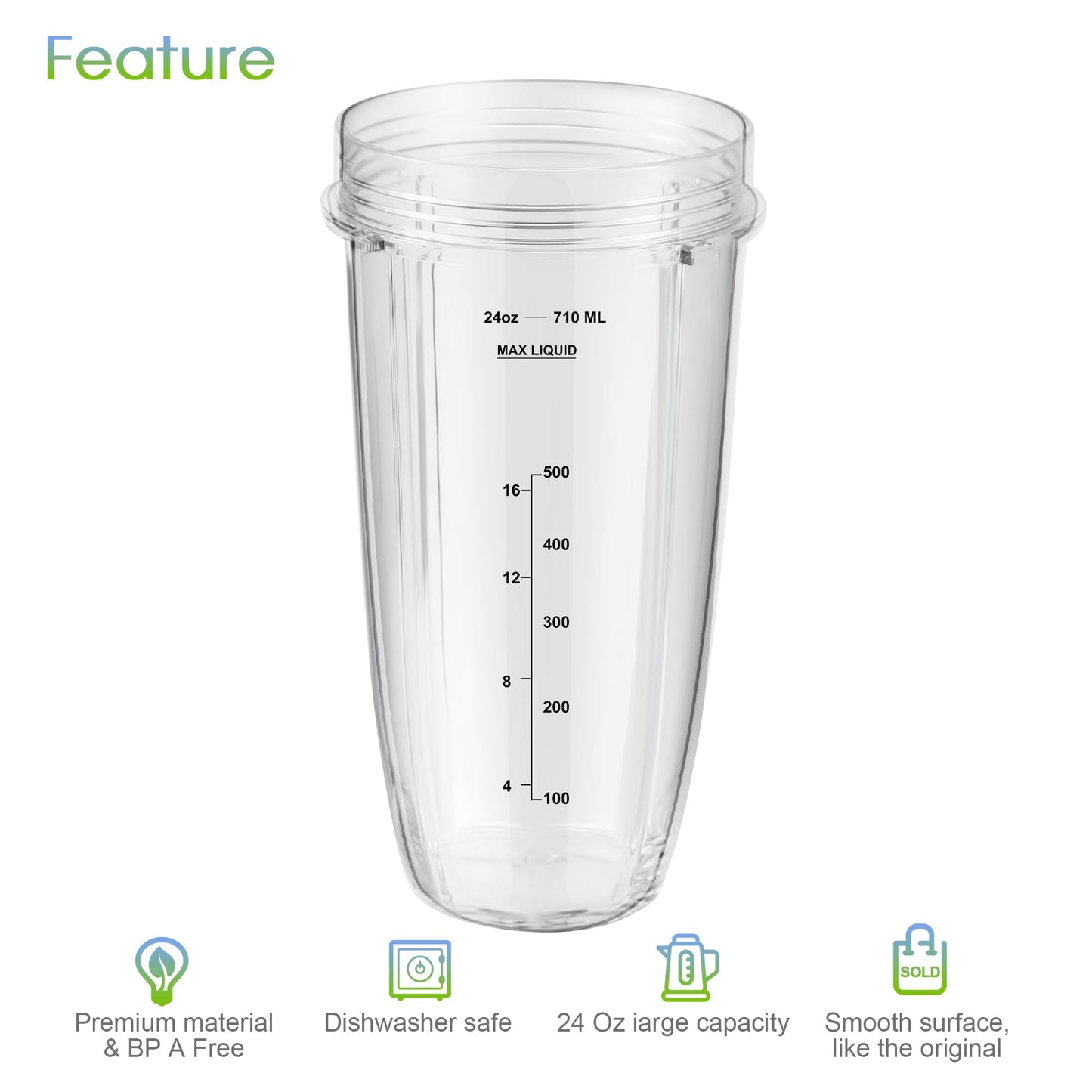 MEET JUICE Blender Replacement Parts Compatible with Ninja Auto-iQ Blenders, 24oz Cups with Lids and 7-Fin Extractor Blade for BL480 BL640 BL642 Series (Compatible with 7-Fin Systems Only)