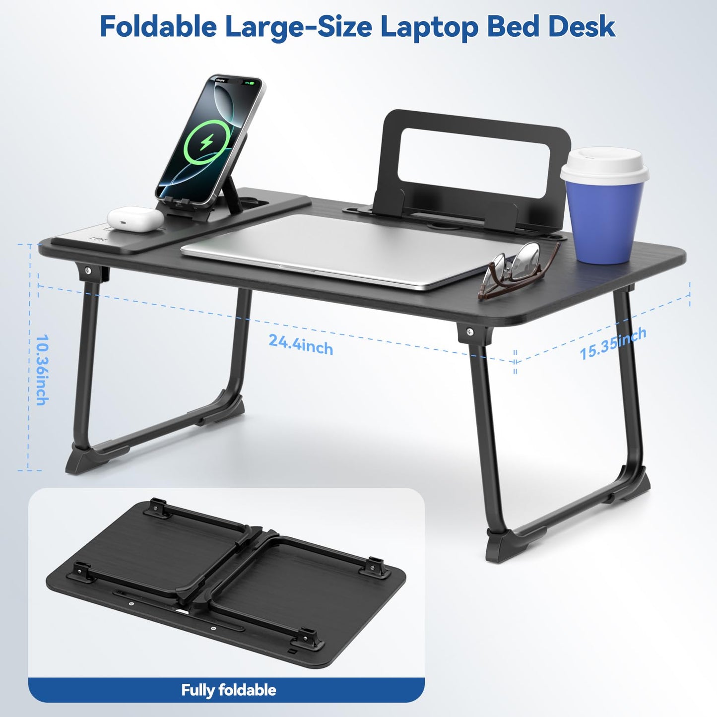 KONDOUND Foldable Laptop Desk for Bed with Wireless Charger - Large Lap Computer Tray Table with Tablet Slot and Book Shelf Read Table for Couch Chair Floor for Writing, Studying Eating, and WFH