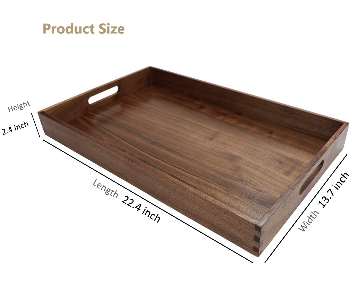 MAGIGO 22 x 14 Inches Large Rectangle Black Walnut Wood Ottoman Tray with Handles, Serve Tea, Coffee, Classic Wooden Decorative Serving Tray