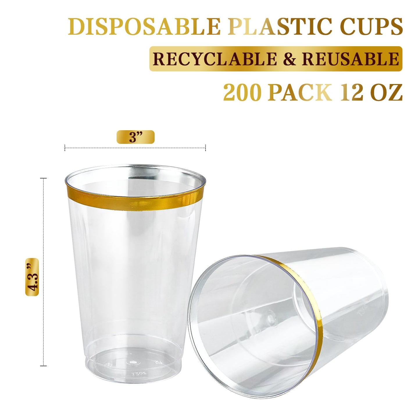 FOCUSLINE 200 Pack 12 oz Gold Rimmed Plastic Cups, Clear Plastic Cups Tumblers, Heavy-duty & Fancy Disposable Hard Cup 12 Ounce with Gold Rim for Wedding Cup Elegant Party Cups