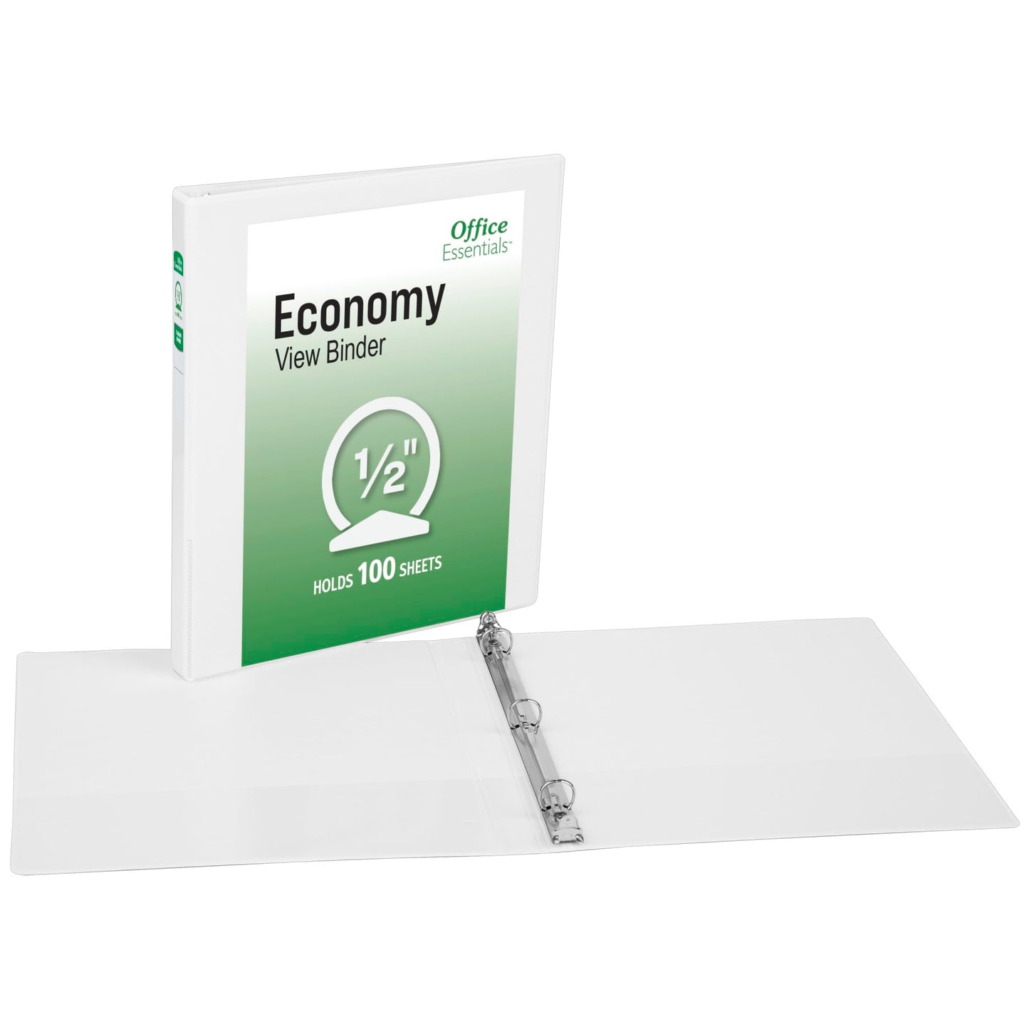 Office Essentials Economy View 3 Ring Binders, 0.5" Round Rings, 0.7" Spine, 100-Sheet Capacity, White Binders (12-Pack of 03422)