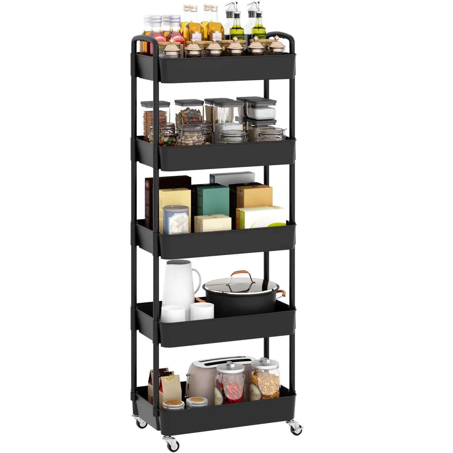 Sywhitta 5-Tier Plastic Rolling Utility Cart with Handle, Multi-Functional Storage Trolley for Office, Living Room, Kitchen, Movable Storage Organizer with Wheels, Black