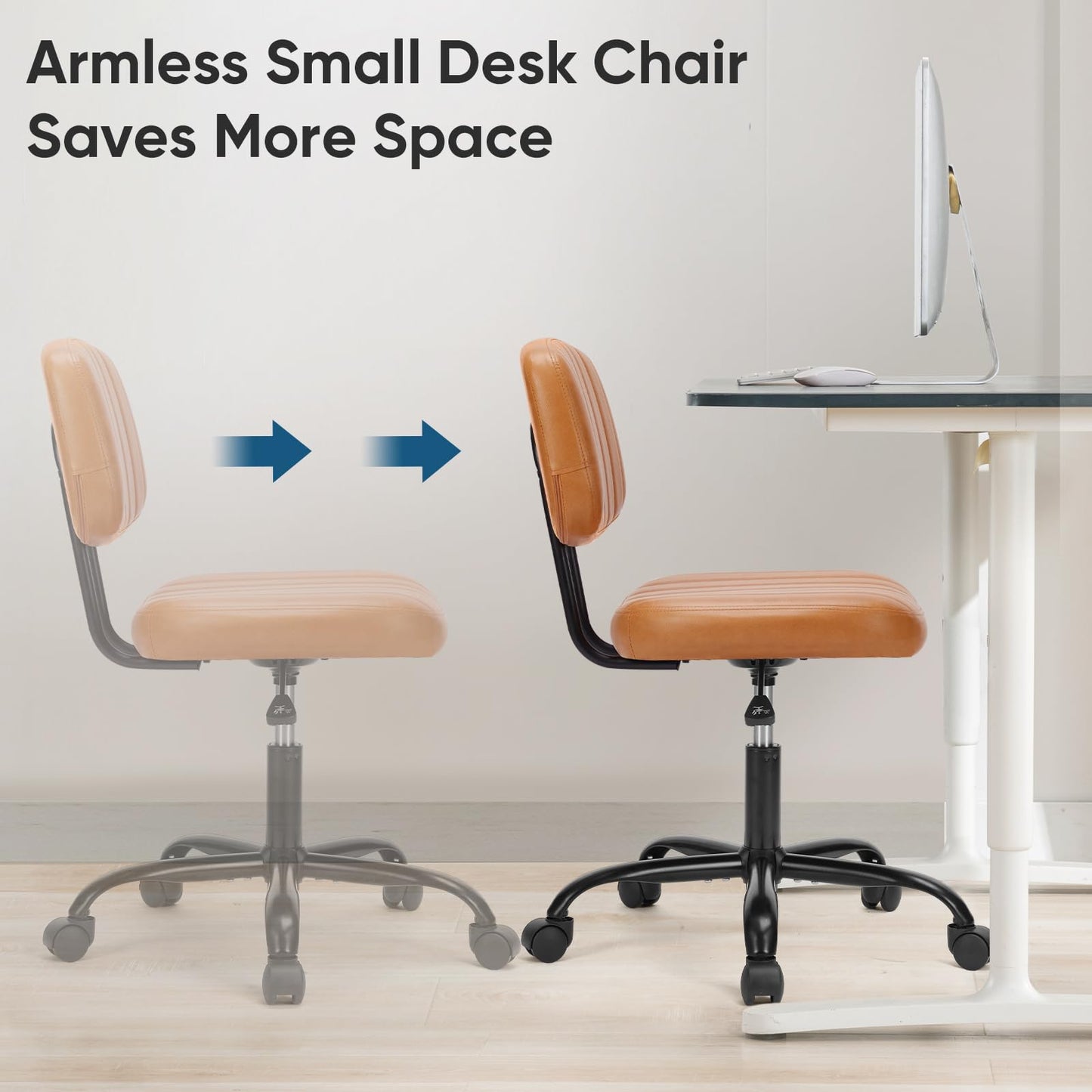 DUMOS Armless Home Office Executive Chair - Small Desk Chair with Low Back Lumbar Support, Height Adjustable PU Leather Computer Task Chair with 360° Swivel Wheels, for Adults, Brown